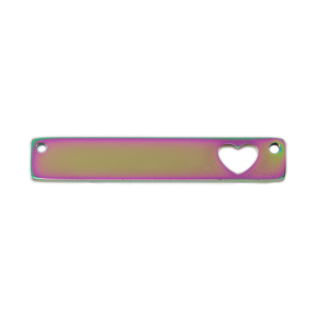 Metal Stamping Blanks Stainless Steel, Rainbow Color Rectangle Bar with Heart Cutout and Holes, 35mm (1.38") x 6mm (.24"), Pack of 2
